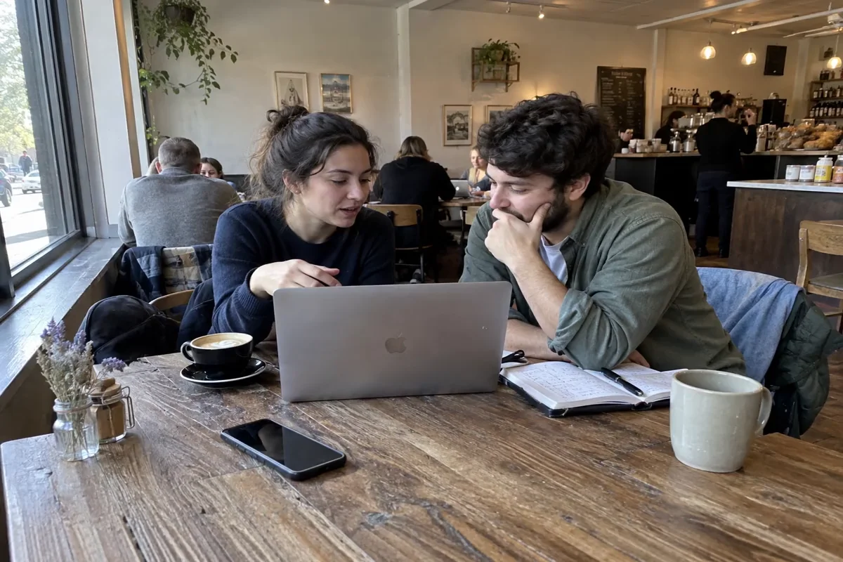 Friends working together at a cafe table